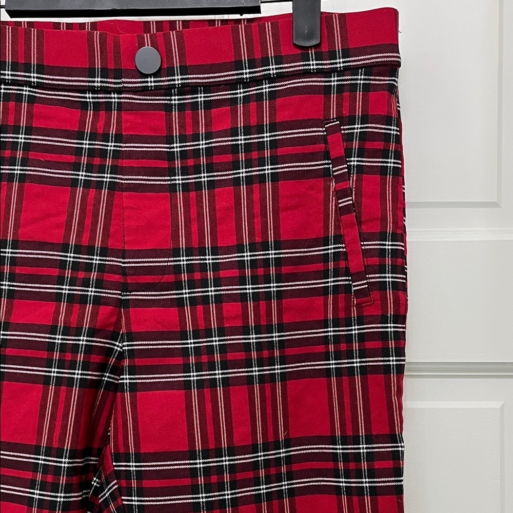 Zara Red and Black Tartan Plaid Pull On Skinny Pants - Size Large - Picture 3 of 15